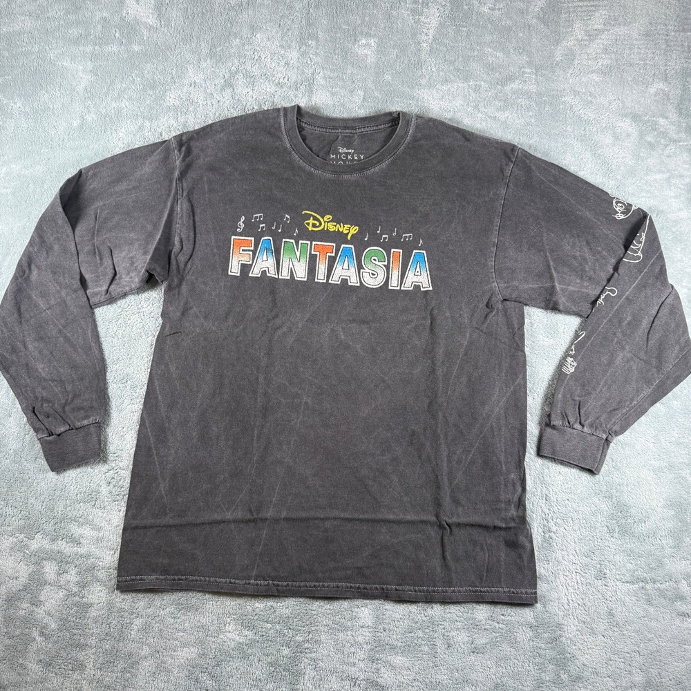 Disney Mickey Mouse Fantasia Long Sleeve Graphic T-Shirt Gray Mineral Wash Men M
